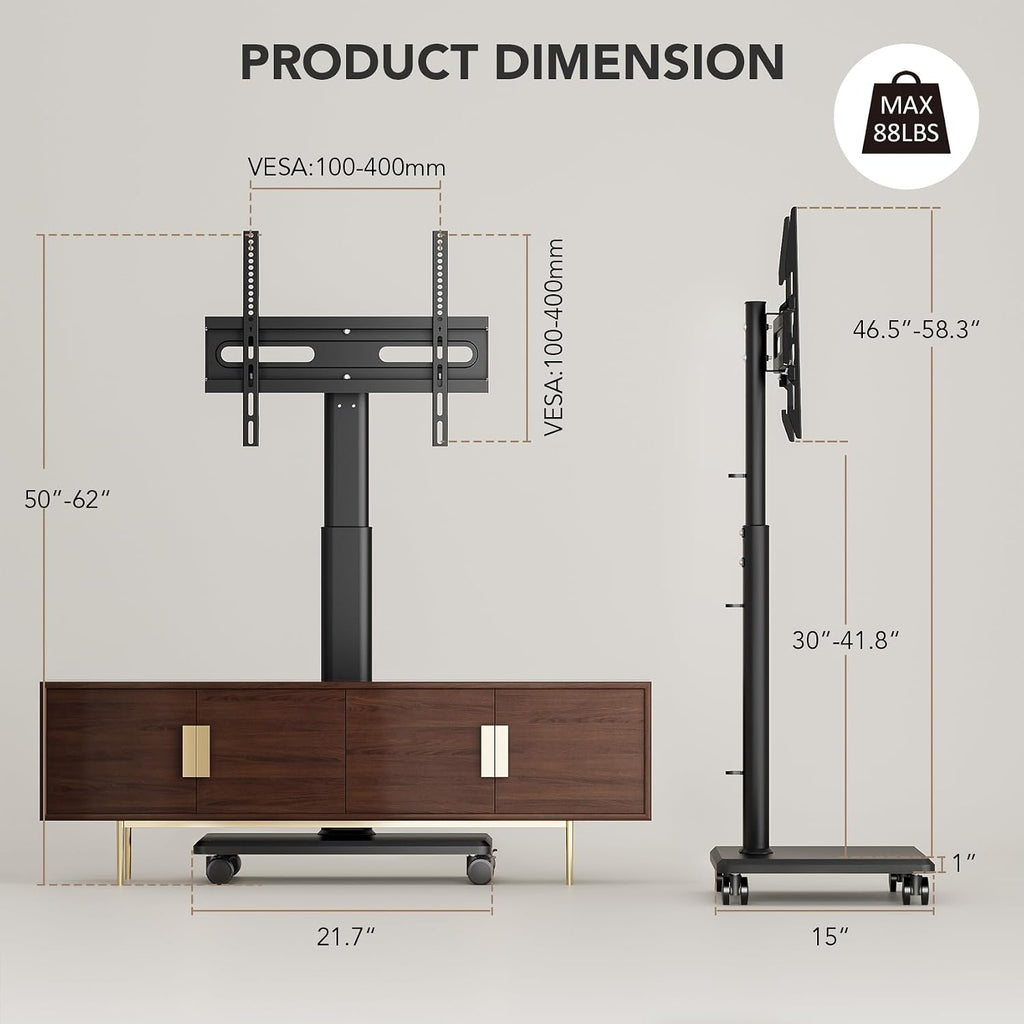 Universal Floor TV Stand, Portable Rolling Floor TV Mount with Wheels, 80 Degree Swivel Height Adjustable for 27 to 65 Inch LCD LED OLED, Holds up to 88 lbs Mobile TV Cart, Max VESA 400x400mm - Image 8