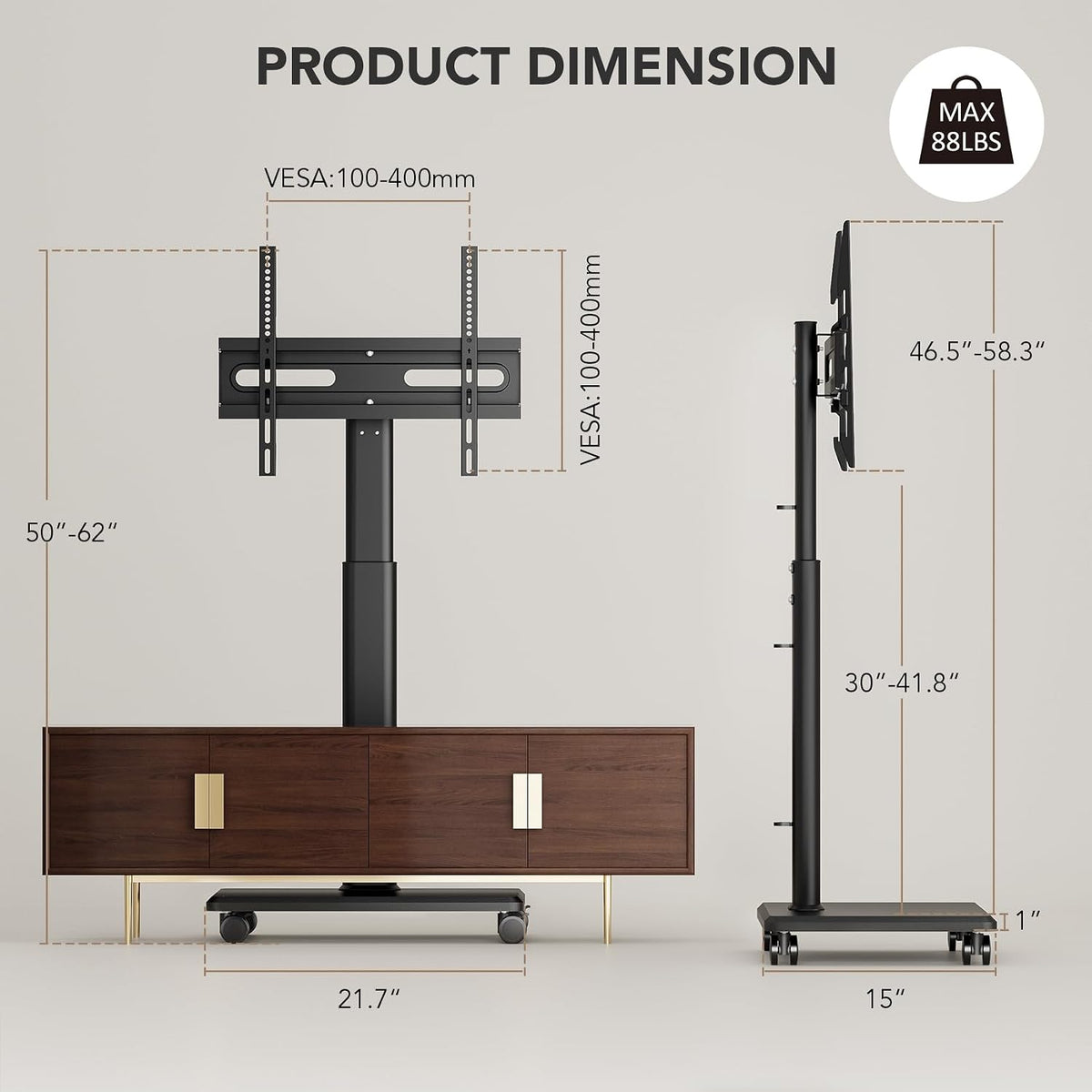 Universal Floor TV Stand, Portable Rolling Floor TV Mount with Wheels, 80 Degree Swivel Height Adjustable for 27 to 65 Inch LCD LED OLED, Holds up to 88 lbs Mobile TV Cart, Max VESA 400x400mm - Image 8