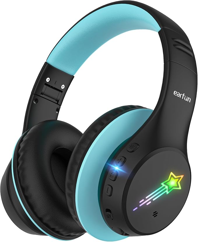 EarFun K4 Kids Bluetooth Headphones, Wireless Headphones with Lights, Black | 74/85/94dBA Volume Limited, Built-in Mic, 90H Playtime, Bluetooth 5.4 Over Ear Headphone for iPad/Tablet/School, Dark Black by EarFun