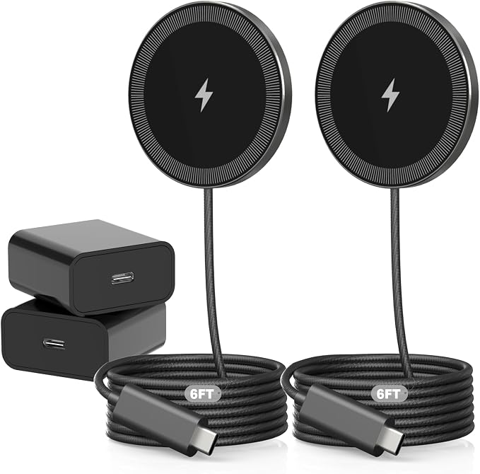 6FT Magnetic Wireless Charger Charging Pad - 15W Fast Mag-Safe Phone Charger for Apple iPhone 17 16 15 14 13 12 Series & AirPods 4 3 2 Pro, Phone Charging Pad with Plug for Desk & Travel, 2Pack Black by WAYLITEWirelessCharger