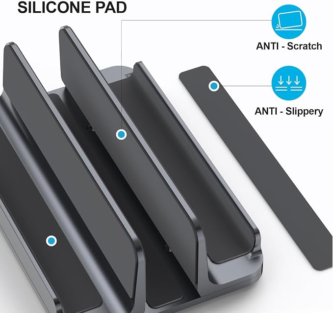 YICOSUN 3-Slot Aluminum Vertical Laptop Stand for Desk - Adjustable Width Dock for MacBook, Surface, Samsung, HP, Dell up to 17.3 inches - Space-Saving & Protective Design - Gray - Image 3