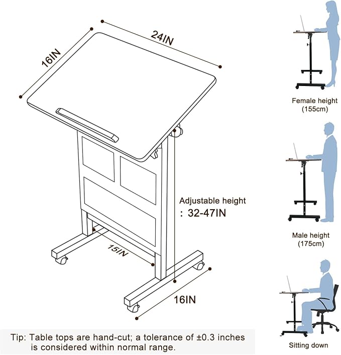KOUPA Height Adjustable Flip Standing Desk with Wheels and Bag,24Inch | Portable Rolling Mobile Desk , 360° Flip Top, Sturdy Steel Frame, for Home Office, Small Spaces,Height 32"-47" Rustic Brown - Image 3