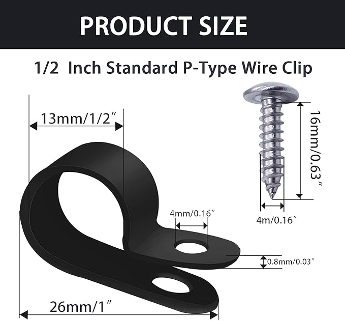 mankk 50PCS 1/2 Inch Rope Light Clips P-Style Mounting Clips Plastic Cable Clamps with Compatible Stainless Steel Pan Head Phillips Screws for Wire Management M-030-BK-LS - Image 2