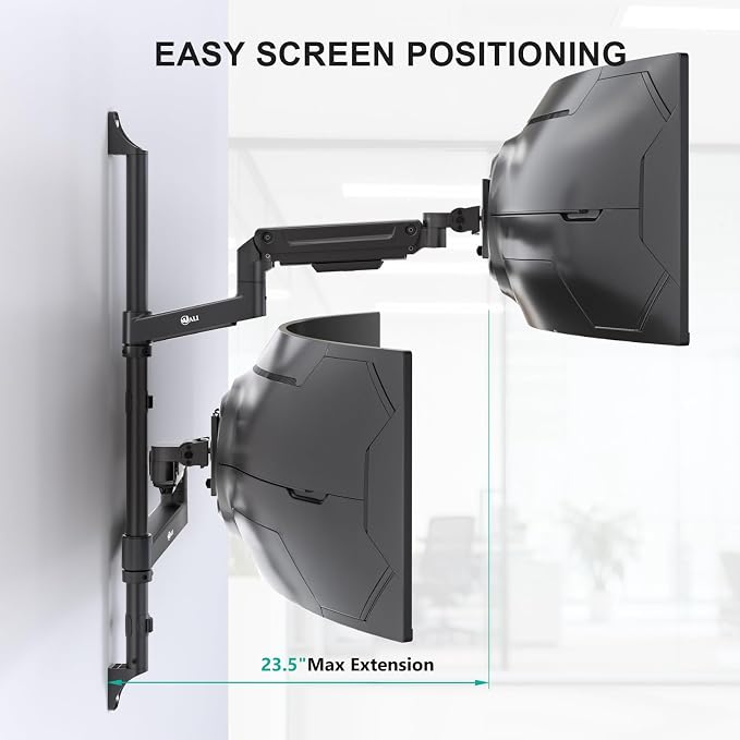 WALI Vertical Dual Monitor Wall Mount for 13-49 inch Screens, 44lbs per Arm | Heavy Duty Stacked Ultrawide Monitor Arm for Wall, Full Motion with Tilt, Swivel, Rotation, VESA 75/100mm (GSWM002-P), Black - Image 4