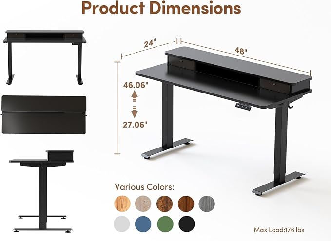 BANTI 48x24 Inch Electric Standing Desk with Dual Drawers, Height Adjustable Stand Up Table, Sit Stand Home Office Desk with Storage Shelf, Black Frame/Black Top - Image 3
