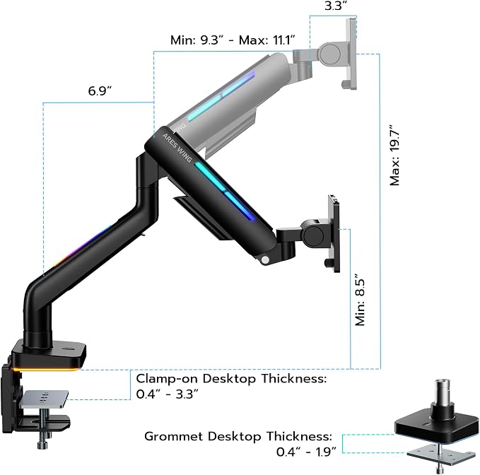 ARES WING Ultrawide Monitor arm with RGB for 17-49 Inch Screen, Black | Heavy Duty Gas Spring Single Monitor Arm, Adjustable Gaming Computer Monitor Arm for Desk up to 44lbs - Image 8