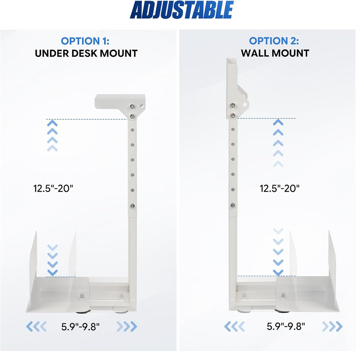 Heavy Duty Under Desk PC Mount & Full Tower PC Wall Mount - Adjustable Width 5.9" to 9.8", Height 12.5"-20" - Computer Tower Stand Under Desk & Standing Desk PC Mount, White - Image 4