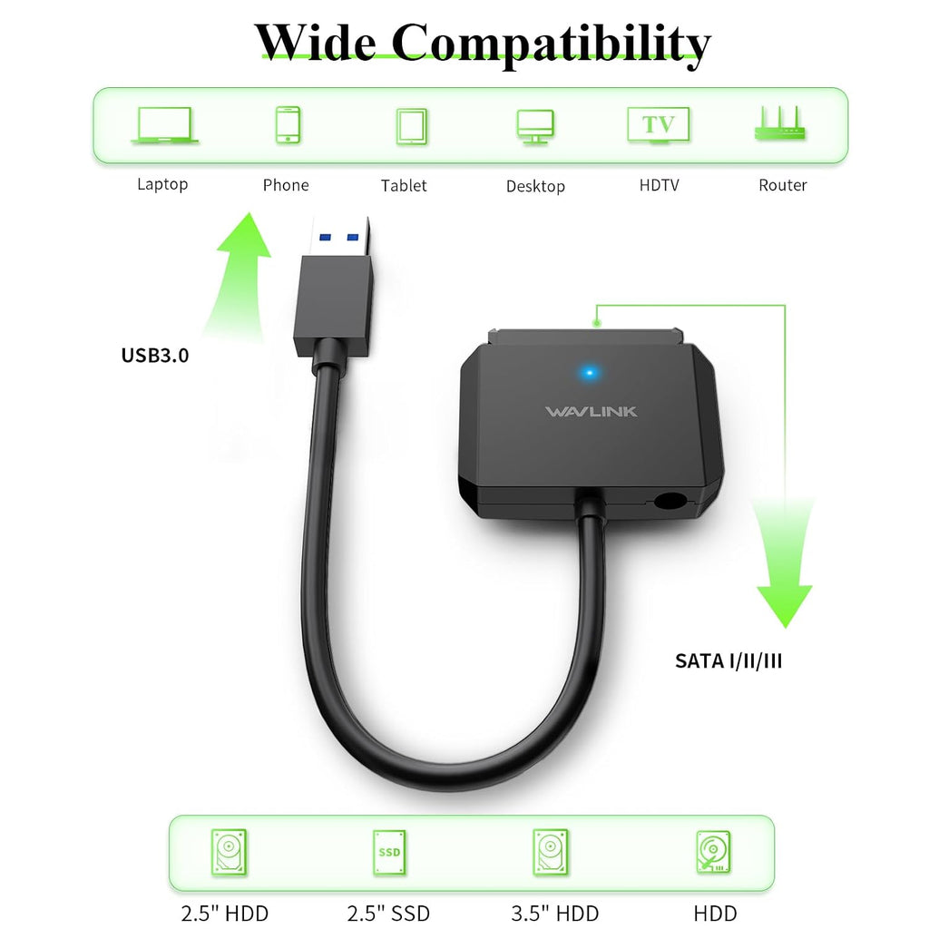 WAVLINK SATA to USB Type-A Hard Drive Cable, 5Gbps USB3.0 to Sata Cable Support UASP, External Hard Drive SATAI/II/III Connector 2.5" SSD/HDD and 3.5" HDD up to 20TB, Power Adapter Included - Image 2