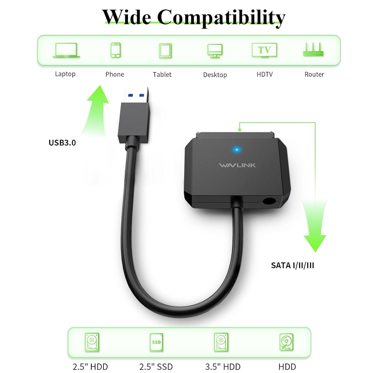 WAVLINK SATA to USB Type-A Hard Drive Cable, 5Gbps USB3.0 to Sata Cable Support UASP, External Hard Drive SATAI/II/III Connector 2.5" SSD/HDD and 3.5" HDD up to 20TB, Power Adapter Included - Image 2