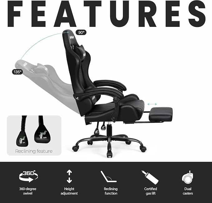 N-GEN GAMING Gaming Chair with Footrest, Lumbar, High-Back, Carbon Black | Reclining Backrest, Linkage Armrests, Durable PU Leather, Adjustable Comfort for Extended Computer, Desk, or Home Office Use - Image 5