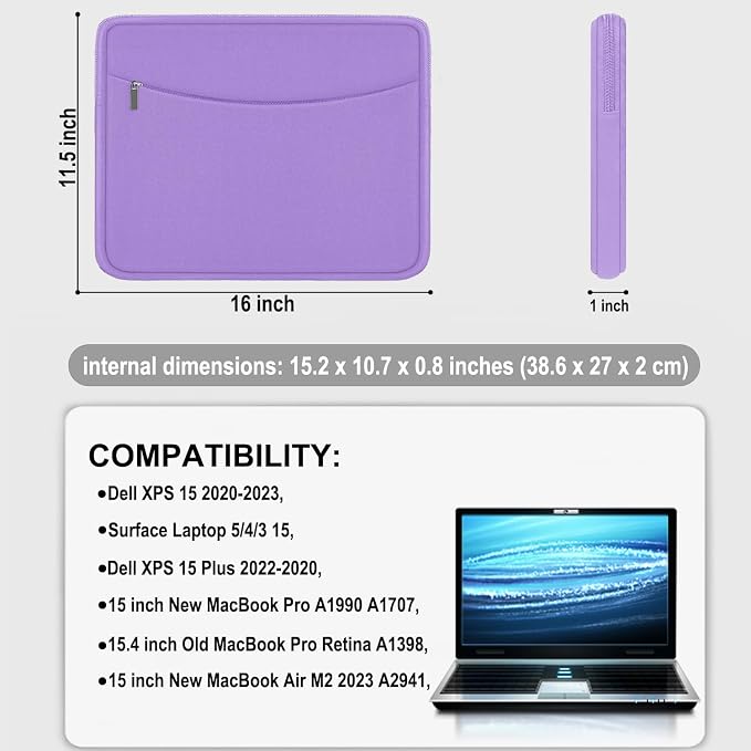 Laptop Sleeve 15.6 inch, Shockproof Protective Laptop Cover Briefcase Carrying Computer Bag with Accessory Pocket, Portable Computer Case Compatible with MacBook, HP, Dell, Lenovo, Asus, Purple - Image 4