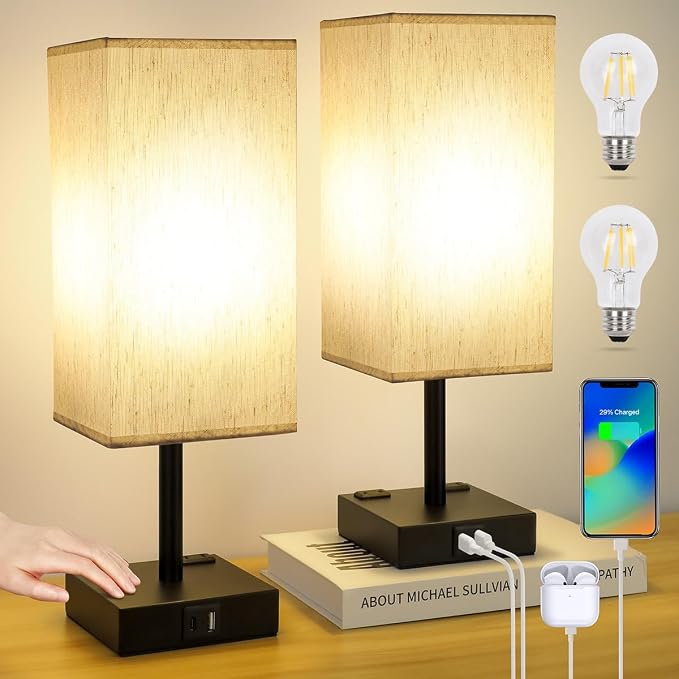 Bedside Table Lamps Set of 2 - Touch Nightstand Lamp for Bedroom with USB C+A Charging Ports & AC Outlets, 3-Way Dimmable Desk Lamp Flaxen Fabric Shade for Living Room Office(Bulb Included) - Image 7