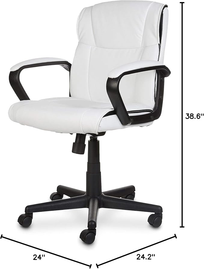 Amazon Basics Office Task Chair with Adjustable Height, 360° Swivel, Padded Armrests, Mid-Back, 275 Pound Capacity, BIFMA Certified, 24.2"D x 24"W x 38.6"H, White Faux Leather - Image 7