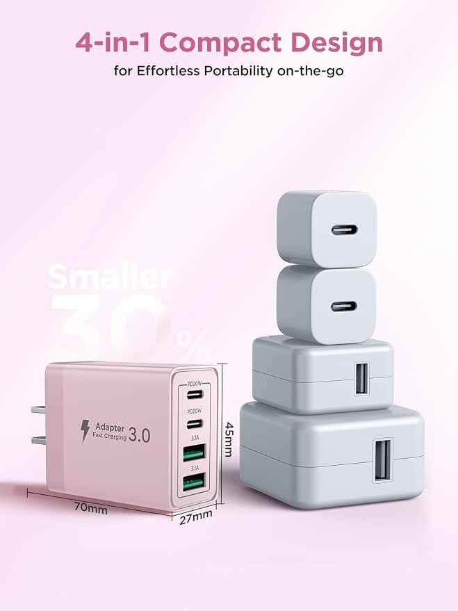 USB C Charger Block, 40W 4-Port Fast Charging Block USB C Wall Charger Dual Port PD + QC Wall Plug Multiport Type C Block for iPhone 17 16 15 14 13 12 11 Pro Max XS XR 8, iPad, Samsung Phone - Image 5