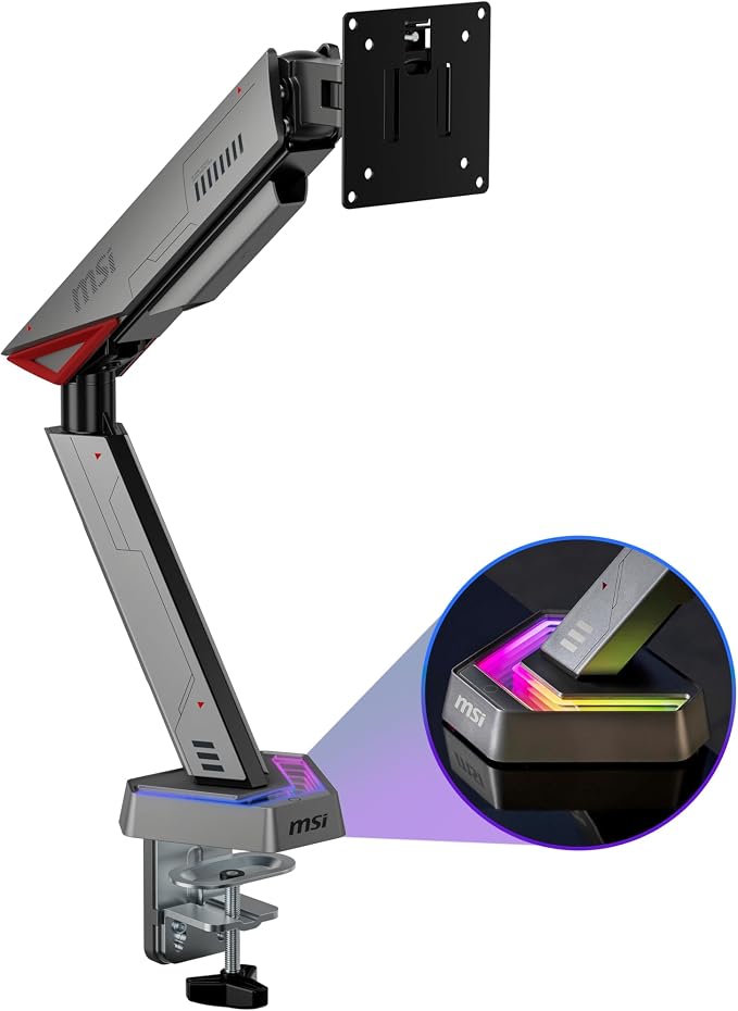 MSI MPG MT161R - Premium RGB Single Monitor Stand Arm, Supports 17-45" Screens and 35.2 lbs, VESA Compatible, Adjustable Spring Assisted Mount, Clamp & Grommet, Quick Release Plate - Black - Image 2