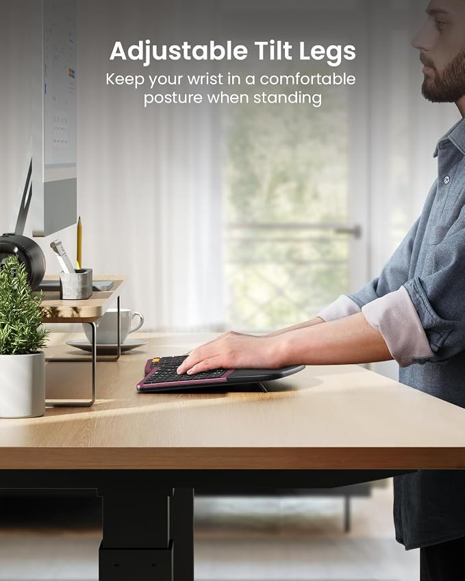 ProtoArc EKM01 Plus Wireless Ergonomic Keyboard Mouse Combo - Wine Red | Full-size Split Keyboard with Cushioned Wrist Rest, Ergonomic Mouse, 3-Device Bluetooth/2.4G, USB-C Rechargeable - Image 8