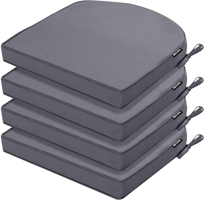 Outdoor Chair Cushions Set of 4, 17 x 16 Inch Waterproof Seat Pads | 3 Year Color Fastness Thick Patio Chair Cushion with Ties for Garden Lawn Sofa Couch, Dark Grey by COMCAVER