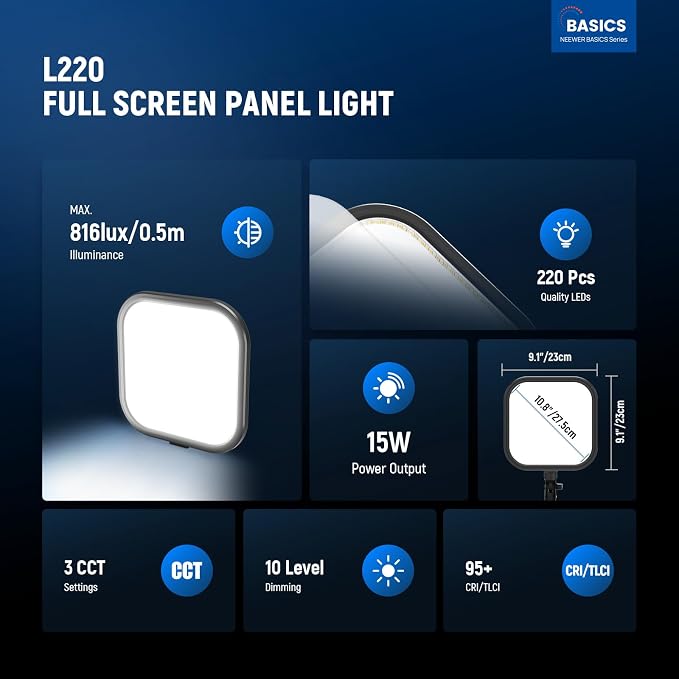 NEEWER BASICS15W 10.8" LED Video Light Panel Lighting Kit with 63" Tripod Stand/Phone Holder,Edge Lit Bi Color Dimmable Full Screen Light 816lux CRI95+ for Photography Filming Recording Streaming,L220 - Image 2