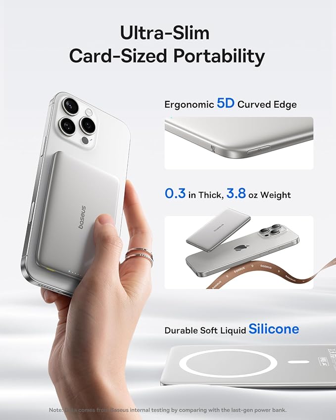 Baseus Picogo Power Bank, 0.3" Ultra Slim 5000mAh MagSafe Portable Charger, Card-Size Magnetic Battery Pack with USB-C Braided Cable, Alloy Wireless Charger for iPhone 17 Pro Max/17 Air/16/15/14/13/12 - Image 2