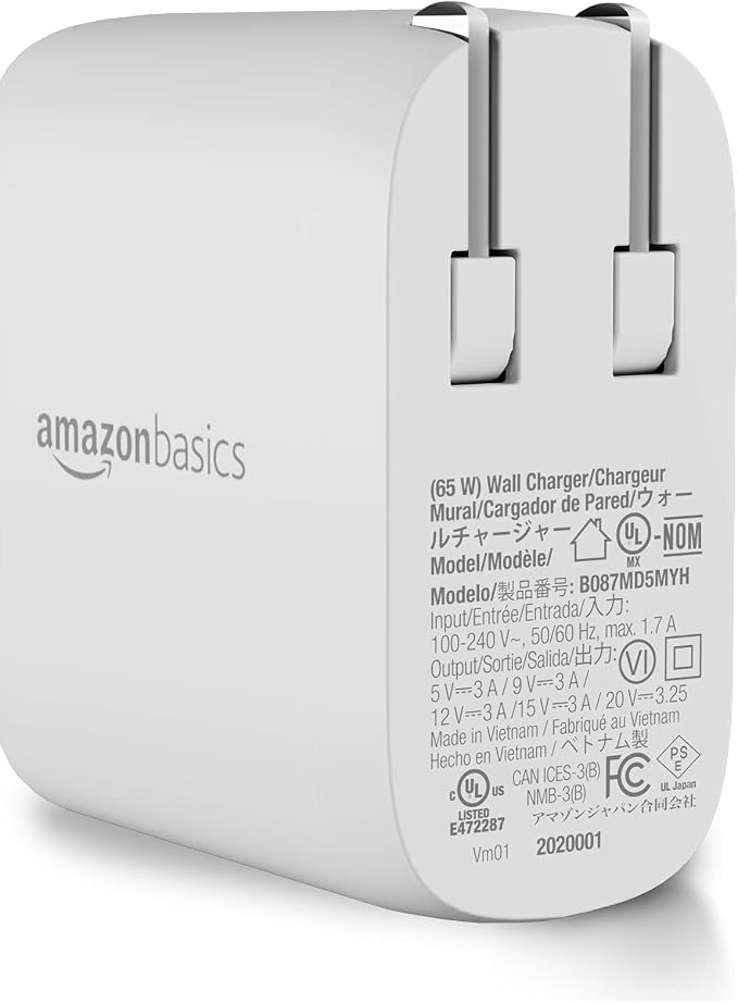 Amazon Basics 65W One-Port GaN USB-C Wall Charger with Power Delivery PD, Foldable Plug, Portable, Fast Charging for Laptops, Tablets & Phones, Non-PPS, White - Image 2