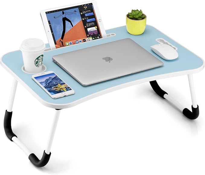 FISYOD Foldable Laptop Table, Portable Lap Desk Bed Table Tray, Laptop Stand with Cup Holder & Tablet Slot & Lifting Handle for Working Writing Drawing & Eating (Light Blue) by FISYOD