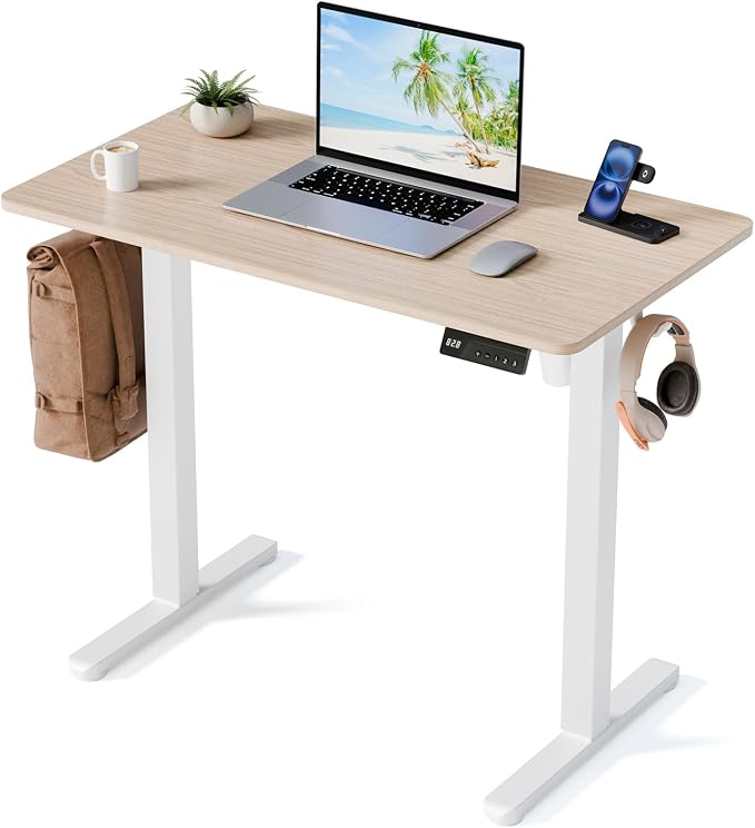 35" Electric Standing Desk, Small Sit Stand up Desk, Light Walnut | Height Adjustable Computer Desk for Home Office, Compact Work & Gaming Desk with Cable Management and Stable Steel Frame by YOLEZO