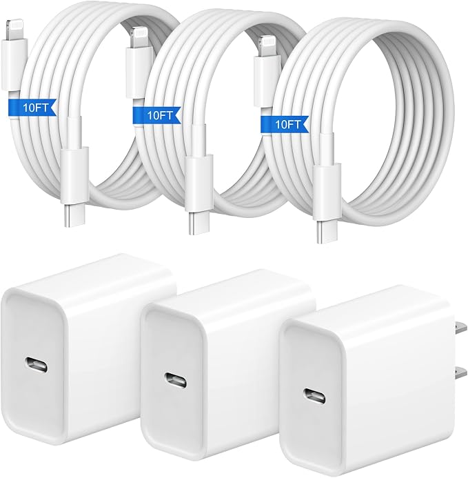 iPhone Fast Charger 3+3Pack 20W USB C Wall Charger with Extra Long 10FT Fast Charging Cable Compatible with iPhone 14/13/12/11/Pro/Pro Max by STAMISH