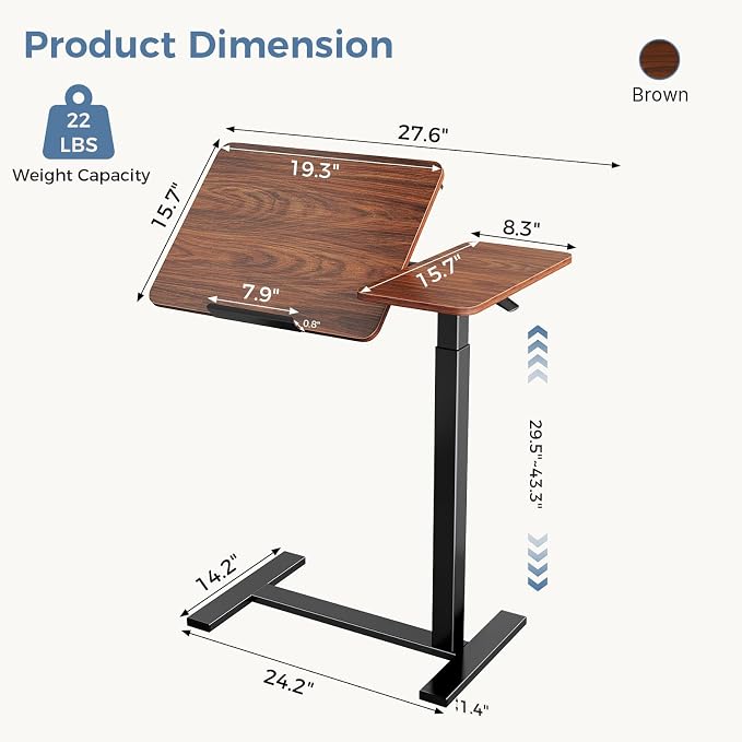 DUMOS Standing Desk with Wheels, Rolling Desk, Laptop Table | Adjustable Height, Portable Computer Workstation, Tilting Desktop, Home Office Classroom Bedside, Brown - Image 3