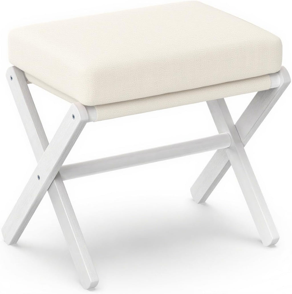 Foldable Foot Stool Ottoman, Modern Foot Rest with Bamboo X Legs & Thick Foam Cushion, Folding Foot Stools Small Padded for Bedroom Living Room, Footstool for Chair Couch (White - White) by BAMBOOHOMIE