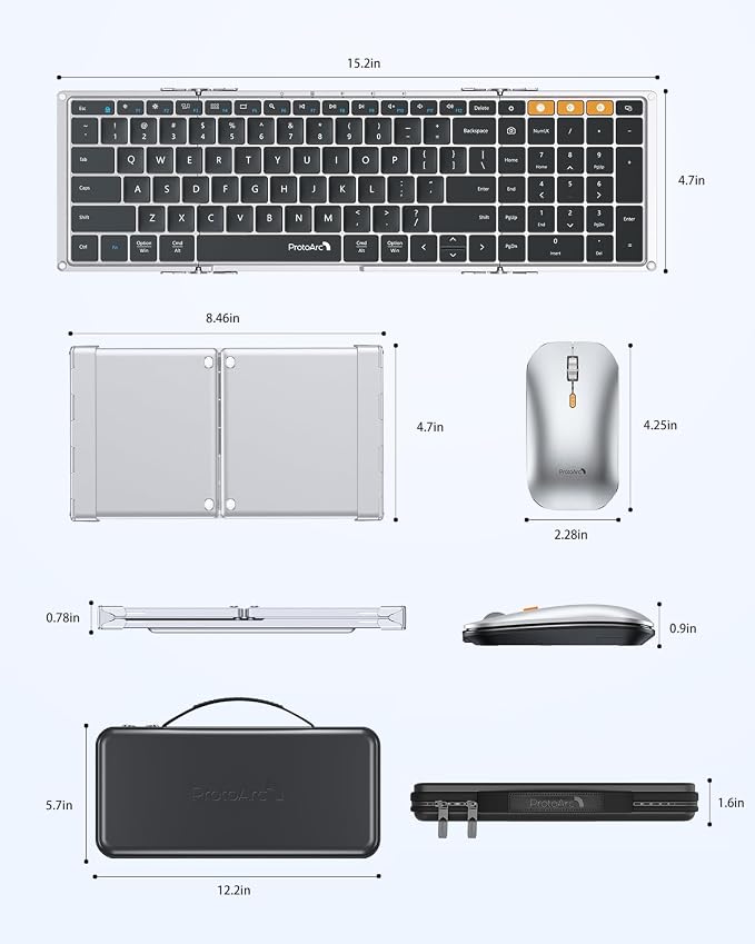ProtoArc XKM01 Full-Size Foldable Keyboard Mouse for Travel - Black Silver | 105-key keyboard, slim mouse, hard case and phone stand; 3-device Bluetooth & 2.4G switching, for travel office use - Image 9
