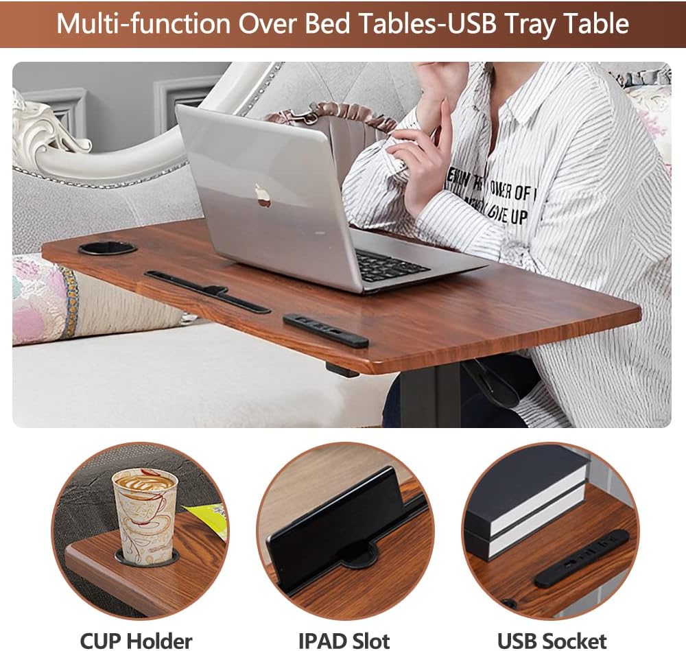 Overbed Table with Wheels & USB,Pneumatic Height Adjustable Bedside Table - Image 6