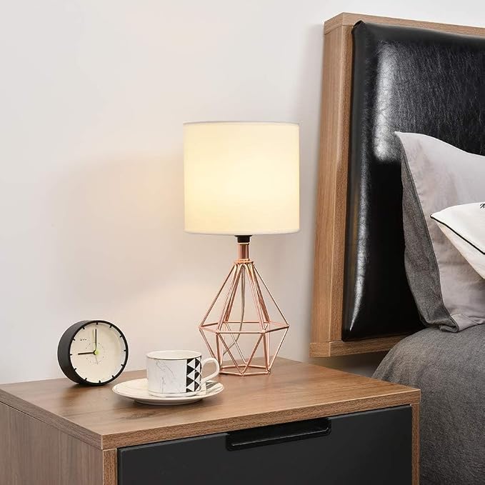 Rose Gold Bedside Table Lamp,Modern Small Desk Lamp with TC Fabric Shade Geometric Metal Base for Kids Living Room Bedroom Nightstand - Image 7