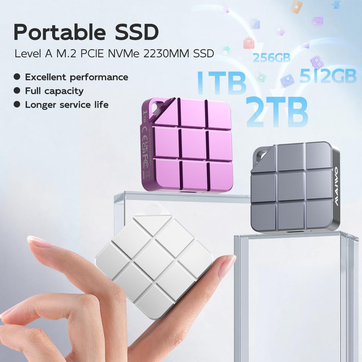 MAIWO 256GB External SSD Up to 1050MB/s, Build-in M.2 2230 PCIe NVMe, USB-C Mini Cute Portable SSD External Solid State Drive for iPhone 17/16/15 Pro Max MacBook Pro Air, All-Metal Shell - Image 2