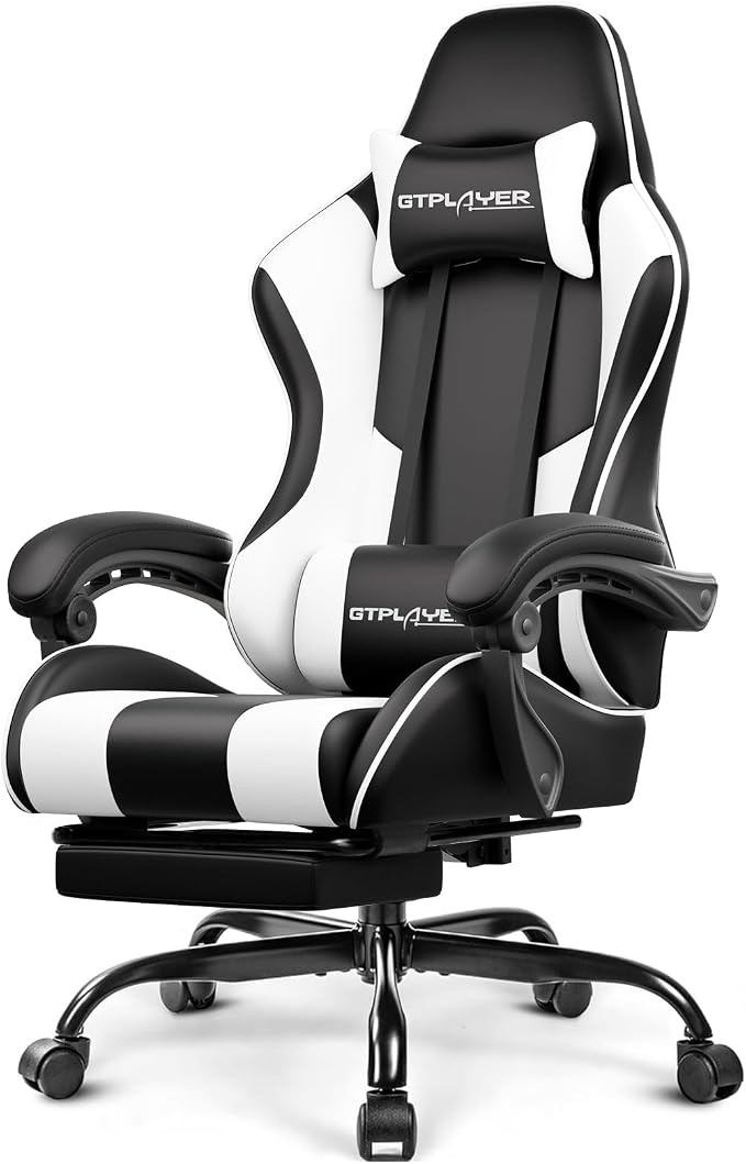 GTPLAYER Gaming Chair, Computer Chair with Footrest and Lumbar Support, Height Adjustable Game Chair with 360°-Swivel Seat and Headrest and for Office or Gaming (White) by GTPLAYER
