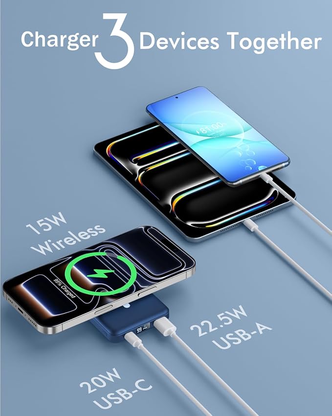 podoru for MagSafe Power Bank 10000 mAh, Foldable Magnetic Portable Charger | 22.5W PD Fast Charging, with USB-C Cable LED Display, Wireless Battery Pack for iPhone 17/16/15/14/13/12 Series-Navy Blue - Image 5