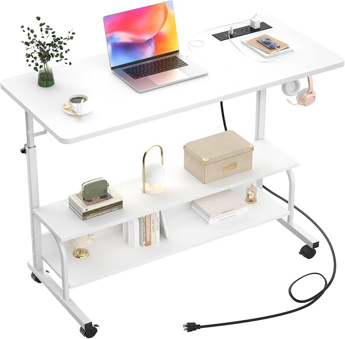 39" Rolling Standing Desk with Charging Station for Couch Bed | Height Adjust 27.5-41", 2 AC/3 USB, Mobile 4 Lockable Wheels, 2-tier Shelves Hook, Safe Corner Fast Assembly by Armocity