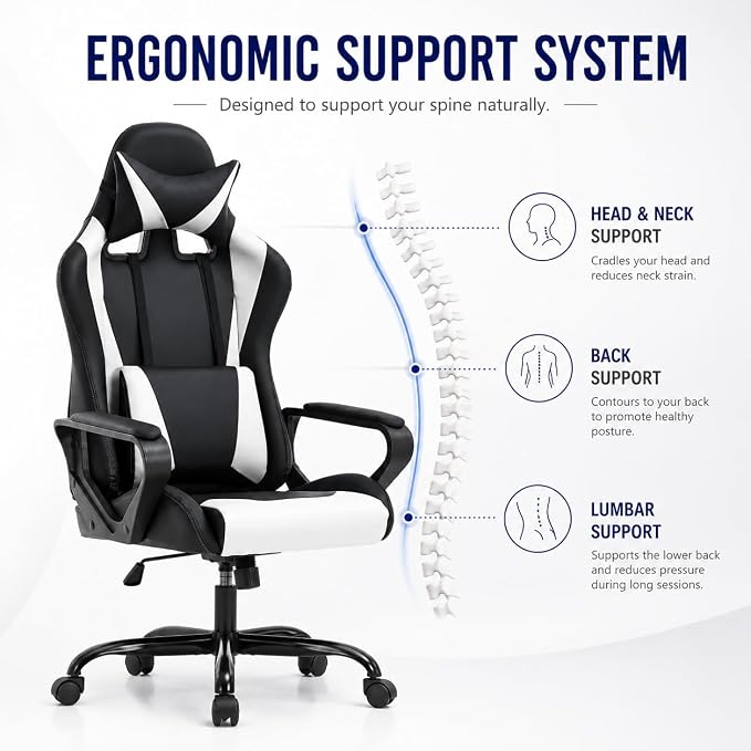 BestOffice High-Back Gaming Chair PC Office Chair Computer Racing Chair PU Desk Task Chair Ergonomic Executive Swivel Rolling Chair with Lumbar Support for Back Pain Women, Men,White - Image 4
