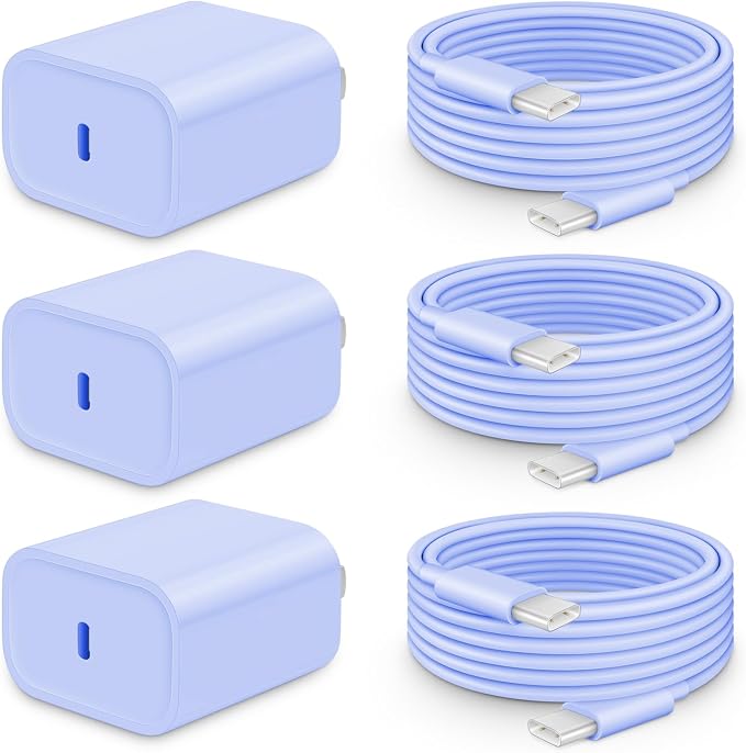 20W Fast Charger for iPhone 17/16/15 with 6FT Cable [3-Pack] - Purple | USB-C Wall Charger & C-to-C Cable, Compatible with iPhone 17/16/15 Series, USB-C iPad Pro/Air/Mini & More by CXX