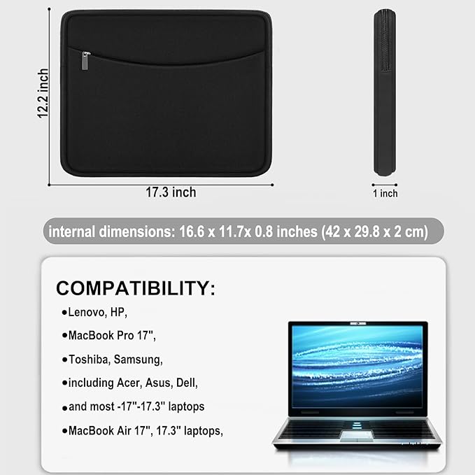 17 Inch Laptop Sleeve, Shockproof Protective Carrying Computer Cover Bag | Laptop Case 17.3 Inch with Accessory Pocket, Portable Computer Case Compatible with HP, Dell, Lenovo, Lenovo, Acer, Black - Image 4