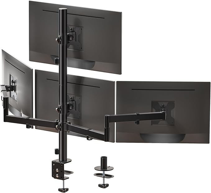 WALI Stacked 4 Monitor Mount for 13-27 inch Screens, up to 22 lbs per Arm | Quad Monitor Stand for Desk, Full Motion with Tilt, Swivel, Rotation, C-Clamp & Grommet Base, VESA 75/100mm (M004S), Black by WALI