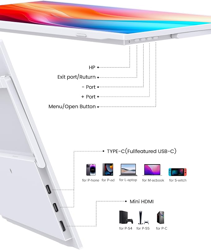 UPERFECT Portable Monitor 15.6", 125% sRGB 1080P Laptop Monitor (White) | Ultra-Slim Display, USB-C & MINI HDMI, 350 Nits, VESA & Case, Travel Small Second Screen for Computer, Mini PC, Game Consoles - Image 8
