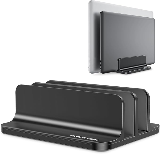 OMOTON Dual Vertical Desk Laptop Stand Holder, Fits MacBook Air/Pro, Black | Aluminum Laptop Storage Rack for Desk, Adjustable Dock for Up to 17.3 in. Gaming Laptop, Space-Saving Desk Organizer by OMOTON