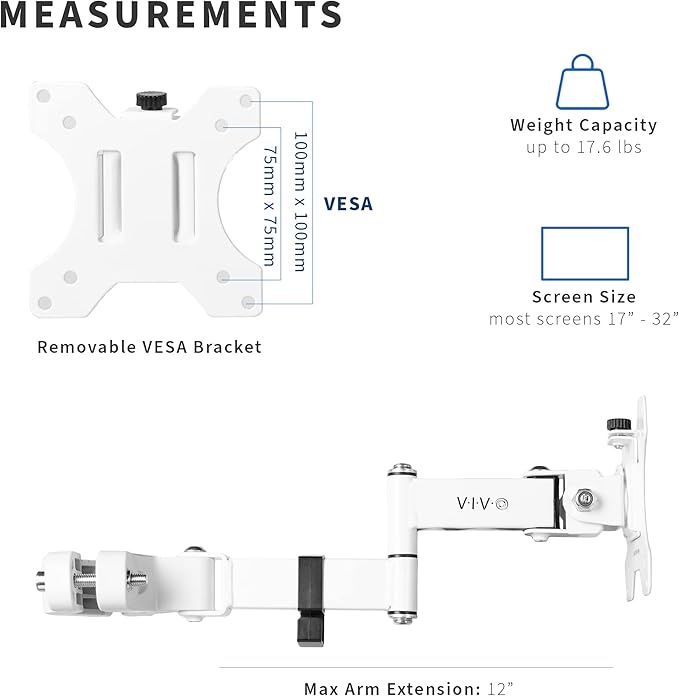 VIVO White Pole Mount Monitor Arm for 17 to 32 in Screen, MOUNT-POLE01AW | Universal, Heavy Duty Steel Design, Full Motion VESA Monitor Arm, Removable 75mm and 100mm VESA Plate - Image 2