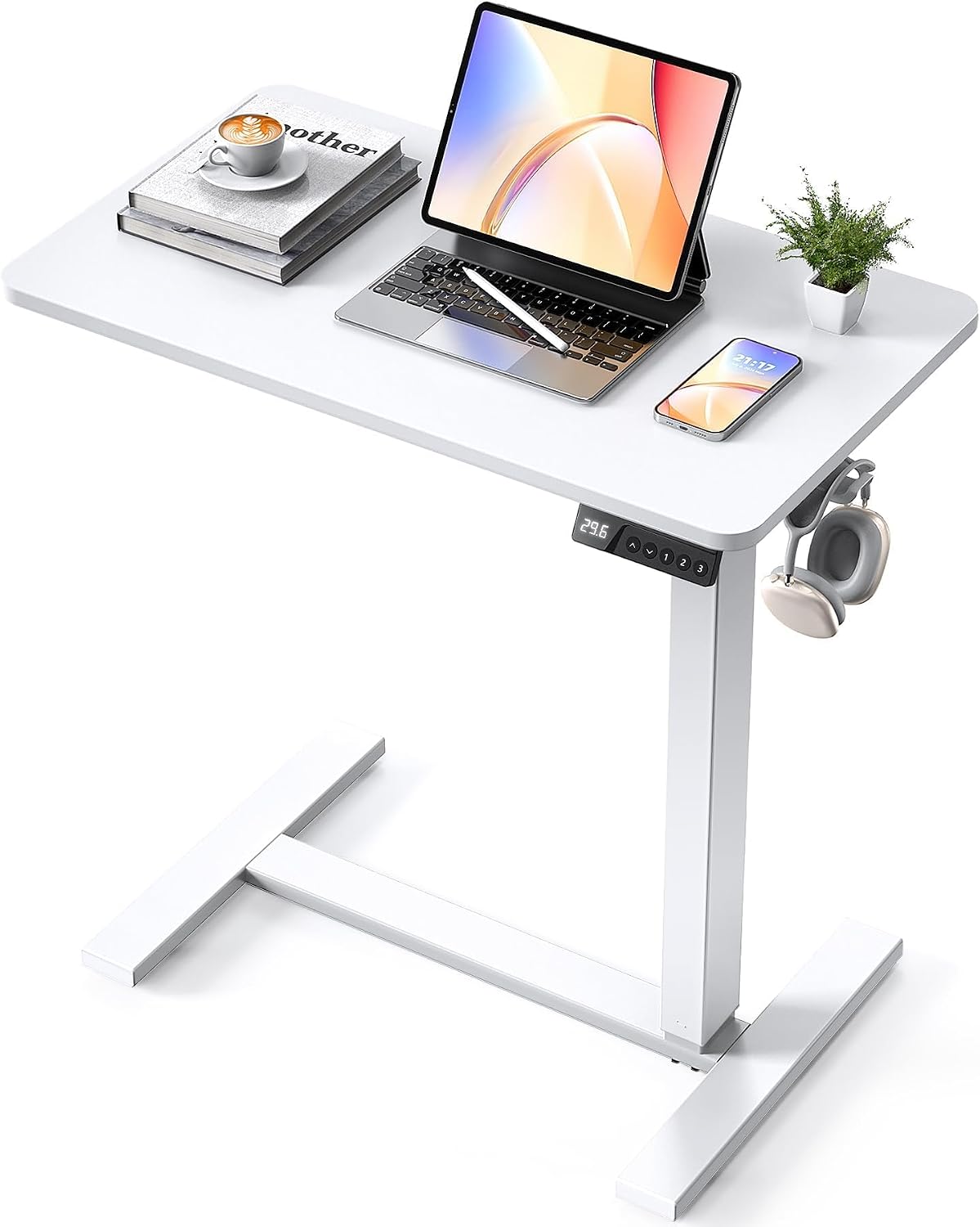 28"x 16" Electric Overbed Table, Rolling Laptop Desk for Bed, White by YOLEZO