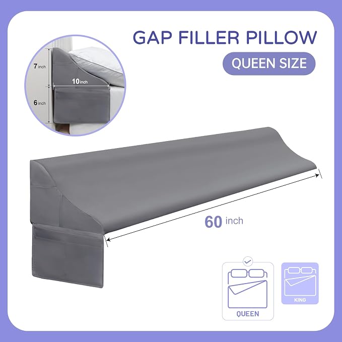kkia Queen Bed Wedge Pillow for Headboard Gap-0–6" Mattress Gap Filler | Bed Gap Filler Queen With Supportive Comfort Foam and Phone pockets–Stop Lost Pillows & Items,Washable Cover, 60"x10"x7" Gray - Image 2