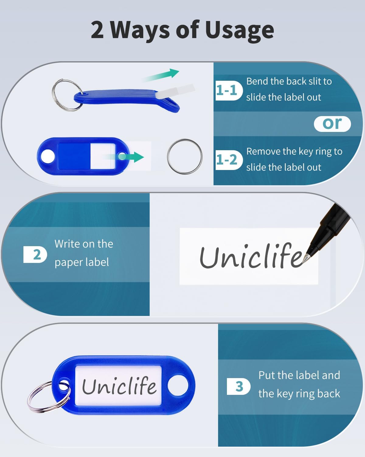 Uniclife 10 Pieces Key Tags 2 Inch Soft Plastic Key Chain Tags with Blank Paper Labels Clear Windows Protective Films and Split Rings Flexible Item Identifiers, Blue - Image 5