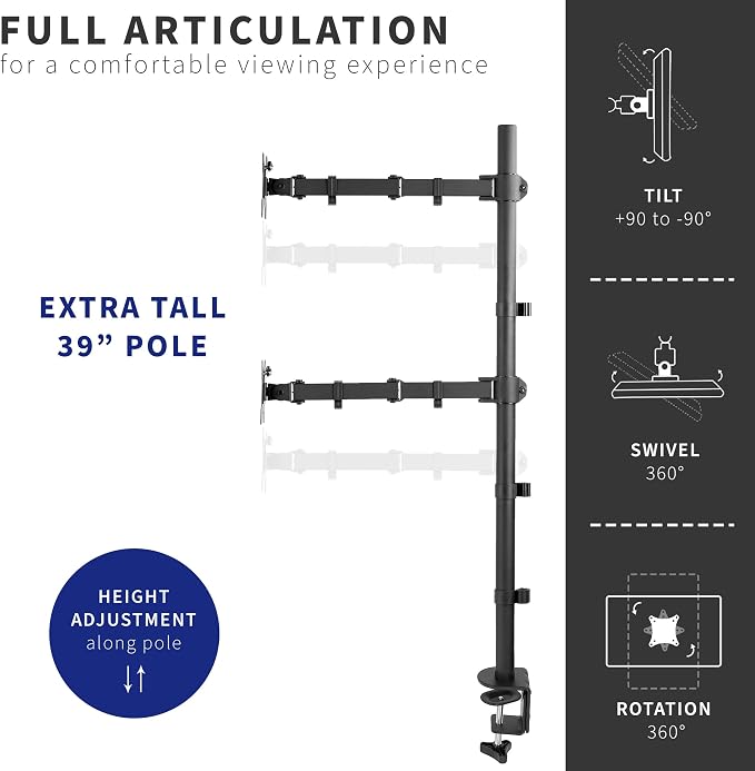 VIVO Extra Tall Vertically Stacked Dual Monitor Desk Mount Stand with 39 inch Stand-up Pole, Fully Adjustable Extended Arms, Fits 2 Screens up to 27 inches, STAND-V012T - Image 2