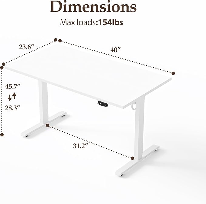 Klicelor 40 Inch Electric Standing Desk, Height Adjustable Office Desk, Sit Stand Up Computer Desk with Memory Preset, Two-Piece Desktop, White - Image 3