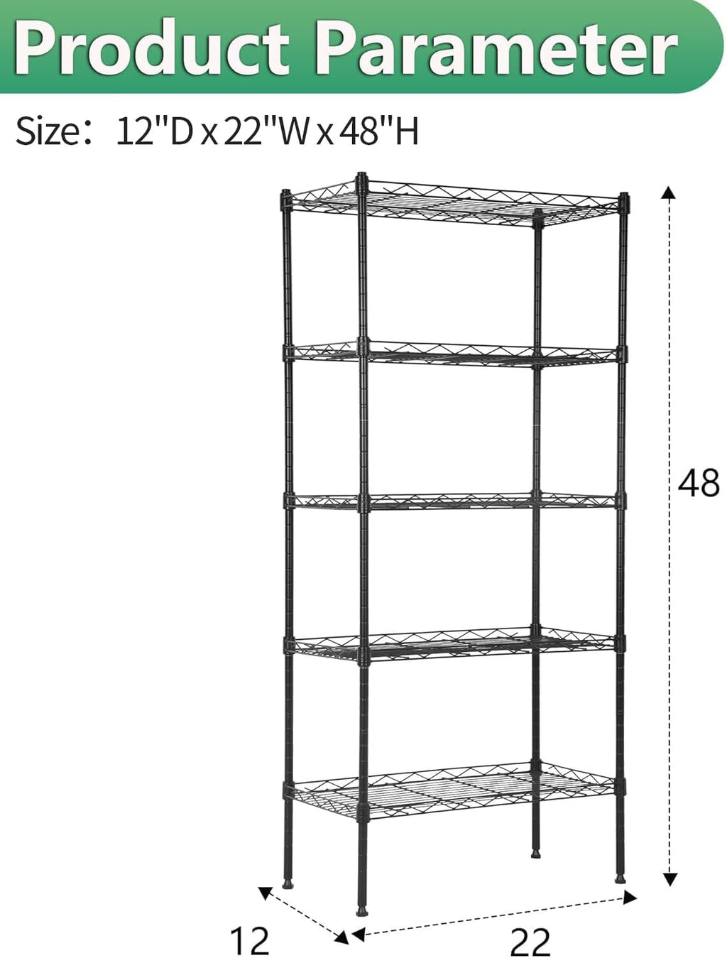 BestOffice | 5-Tier Wire Shelf | 22" x 12" x 48" | Black - Image 3