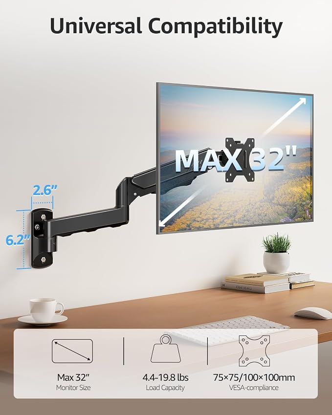 MOUNTUP Single Monitor Wall Mount for Max 32 Inch Computer Screen, Fully Adjustable Monitor Arm, Wall Mount Monitors Holder Support 4.4-19.8lbs Display, VESA Bracket Fit 75x75mm, 100x100mm - Image 2